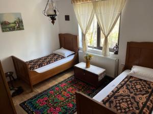 a bedroom with two beds and a rug at POLOVRAGA - casă la țară cu ciubăr in Polovragi