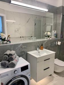 赫維茲的住宿－Spa Residence Carbona Hévíz Apartments KAKADU 203 B，一间带洗衣机和水槽的浴室