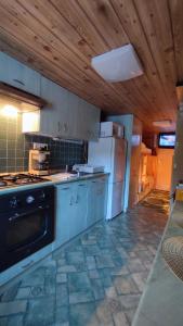 cocina con electrodomésticos blancos y techo de madera en Királyos Pihenőház, en Háromhuta
