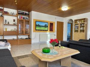 sala de estar con sofá y mesa en Ferienwohnungen Sonnleite, en Friedenfels