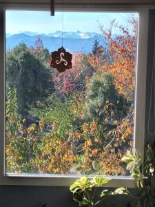 una ventana con vistas a las montañas en Cabaña Los Ulmos Bariloche en San Carlos de Bariloche