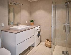 łazienka z umywalką i pralką w obiekcie Panorama View w mieście Stranda