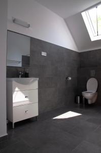 a bathroom with a sink and a toilet and a window at Casa Doris in Sovata