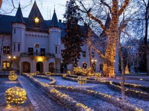 a house with christmas lights in front of it at Weisz Castle style Apartment-City Center- Free Private Parking in Carei