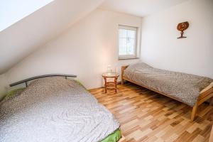 a bedroom with two beds and a window at Apartment Rimljanček in Leskovec pri Krškem