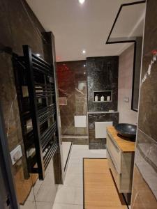 - une cuisine avec un comptoir et un évier dans l'établissement Apt moderne en plein centre-ville, à Saint-Claude