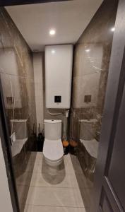 La salle de bains est pourvue d'une douche et de toilettes. dans l'établissement Apt moderne en plein centre-ville, à Saint-Claude