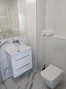 a white bathroom with a sink and a toilet at LUXURY AQUA APARTMENTS przy AQUAPARK REDA in Rumia