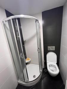 La petite salle de bains est pourvue d'une douche et de toilettes. dans l'établissement BAHÇELİ,MUHTEŞEM KONUMDA LUX DAİRE, à Istanbul