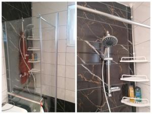 um chuveiro com secador de cabelo e uma casa de banho com chuveiro em ACUMINCUM em Stari Slankamen