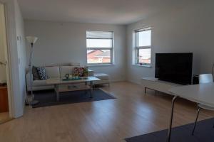 a living room with a couch and a tv at Hotel Nuka in Ilulissat