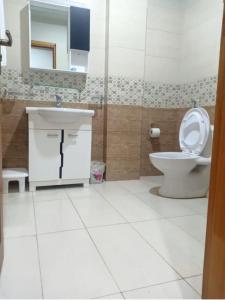 a bathroom with a toilet and a sink and a mirror at River Garden Hotel and Resort in Naran
