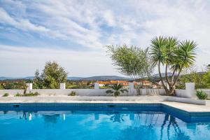 una piscina con acqua blu e palme di Quinta das Latas a Coimbra