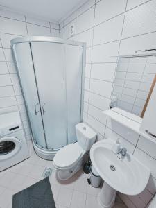 y baño con aseo, lavabo y ducha. en Apartment Golden - 2BR with Parking, Prime Location, en Pristina