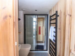 a bathroom with a toilet and a walk in shower at North Light Studio in Carinish