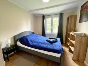 蒂科欽的住宿－Na szlaku - Leśniki 17，一间卧室配有一张带蓝色棉被的床和窗户。