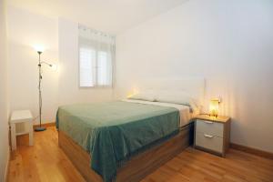 een slaapkamer met een groot bed met een groene sprei bij Casa Fenicia - Cosy apartment with free private parking in Málaga