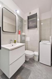 La salle de bains est pourvue d'un lavabo, de toilettes et d'un miroir. dans l'établissement YOURAPART NORWIDA, à Gdynia