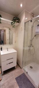 a bathroom with a shower and a sink at 400m de la mer, calme, lumineux, parking privatif, 3 chambres max 6 personnes in Koksijde