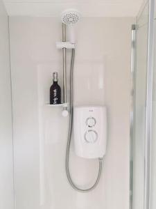 a shower in a bathroom with a soap dispenser at The Nutbourne Hut - shepherd's hut - pint-sized luxury in Hambrook