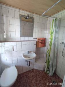 La salle de bains est pourvue de toilettes et d'un lavabo. dans l'établissement Holiday home Fuhlendorf 1, à Fuhlendorf