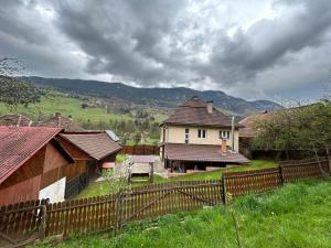 un groupe de maisons avec une clôture dans un champ dans l'établissement Casa Vidra, à Vidra