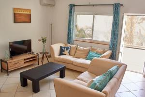 Una sala de estar con dos sofás y un televisor. en Apartamento T3 encantador com piscina wifi e perto de praia, en Santa Maria