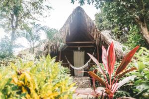 a small hut with a thatched roof in a garden at Cabaña Wiwa Tayrona in Santa Marta