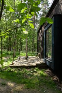 domek z bali w lesie z dużym oknem w obiekcie Tu, Tam i Tamten Domek w mieście Wojtyniów