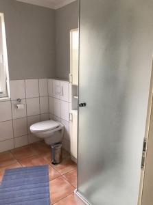 a bathroom with a toilet and a glass shower door at Rudi in Wieck +6 photos