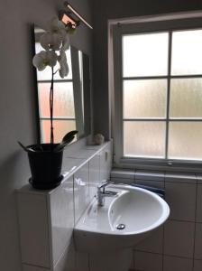 a white bathroom with a sink and a window at Rudi in Wieck