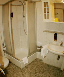 a bathroom with a shower and a sink at Landgasthof zur krummen Linde in Stolpe