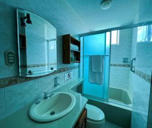 een badkamer met een wastafel, een toilet en een spiegel bij Apart Hotel Hamilton in Manta