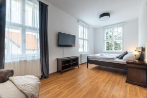 - une chambre avec un lit, une télévision et des fenêtres dans l'établissement Villa Wurmfeld, à Český Krumlov