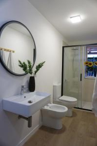 uma casa de banho com um lavatório, um WC e um espelho. em Club Tropicana Boutique Apartments em San Felice Circeo