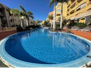 una gran piscina azul con palmeras y edificios en Laderas del Palmar Luxury, en Palm-mar