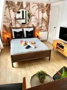 a bedroom with a large bed with a large mirror at Studio Exotique Hyper-Centre Enghien 12min Paris in Enghien-les-Bains