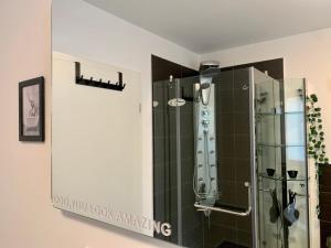 una doccia con porta in vetro in bagno di Appartement W@llstreet a Nordhausen