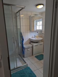 a bathroom with a shower and a sink at Ferienwohnung Freitag in Vendersheim
