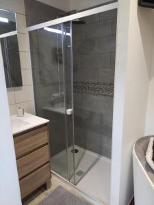 La salle de bains est pourvue d'une douche avec une porte en verre. dans l'établissement Chambre d'hôtes LES BRIMBELLES, à Gérardmer