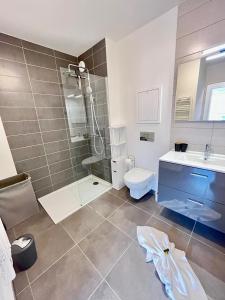 a bathroom with a shower and a toilet and a sink at Amsterdam - Bel appartement in Bezannes-les-Reims