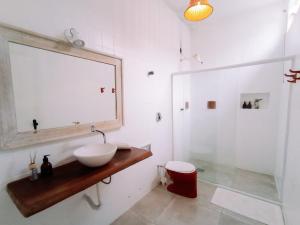 a bathroom with a sink and a mirror and a shower at CASA MANGARITO in Ubatuba