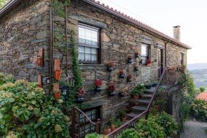 a stone house with potted plants on the side of it at Casa do Hospital-Guest House in Abaças