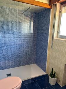 uma casa de banho com um chuveiro com azulejos azuis em Villa Amelia em Llanes