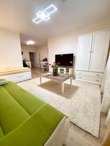 a living room with a green bed and a tv at Wohnung im Erdgeschoss in Bietigheim-Bissingen