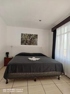 a bedroom with a bed with a black bedspread at Casa Mariana in Alajuela City
