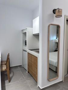 a small kitchen with a mirror and a sink at Aelia Studios in Aegiali