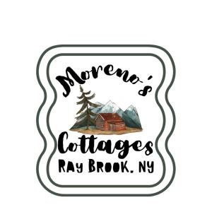 a label with a house and mountains and the words someone a catches rv broke at Moreno's Cottages in Saranac Lake
