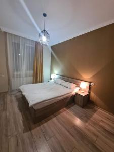 ein Schlafzimmer mit einem großen Bett und einer Lampe in der Unterkunft Apartments Baqari Inn in Kazbegi