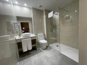 e bagno con doccia, servizi igienici e lavandino. di Olivae Hostal Boutique a Cáceres